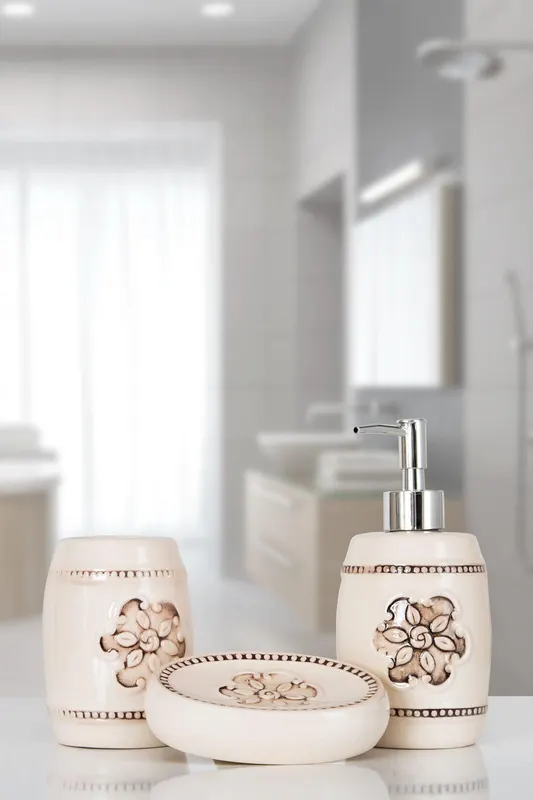Set de Baie Lux Alva, Crem, Dozator de sapun, Suport de periuta de dinti, Sapuniera - Crem