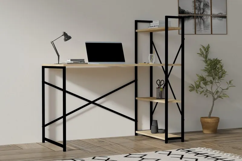 Birou Zernez cu biblioteca, cadru metalic,  120x60x75 cm - Stejar