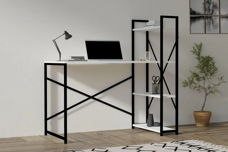 Birou Zernez cu biblioteca, cadru metalic,  120x60x75 cm - Alb