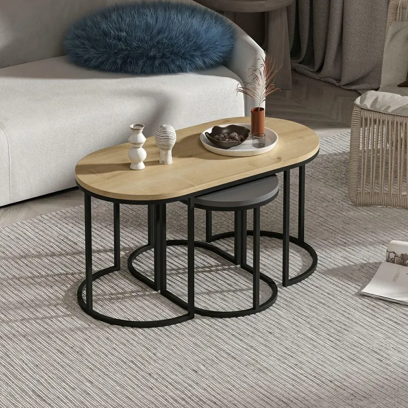 Masuta de Cafea Dena - Anthracite, Oak, Crem, 90x45x45 cm - Crem