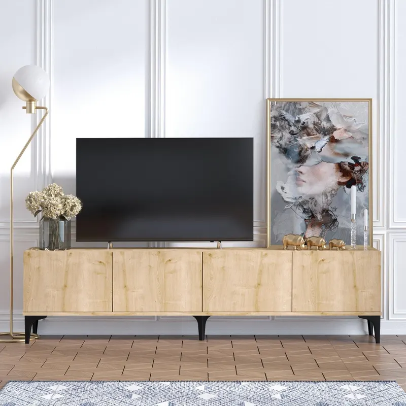 Comoda Tv Nora cu 4 usi picior metalic, Stejar, 180 x 50 x 35 cm - Stejar