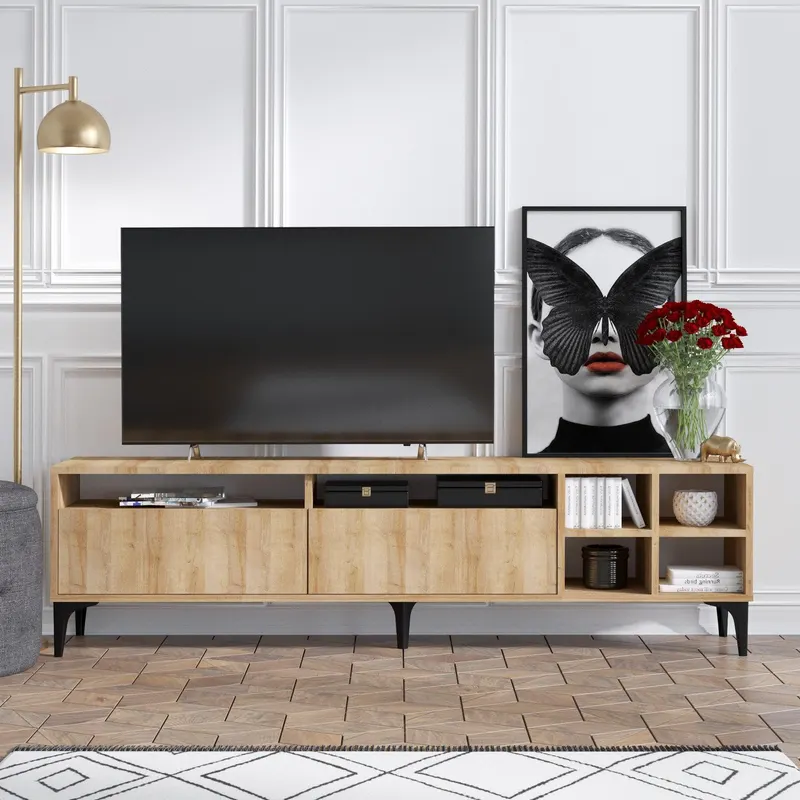 Comoda Tv Mudanya cu 2 usi si rafturi, Stejar, 180 x 52 x 35 cm - Stejar