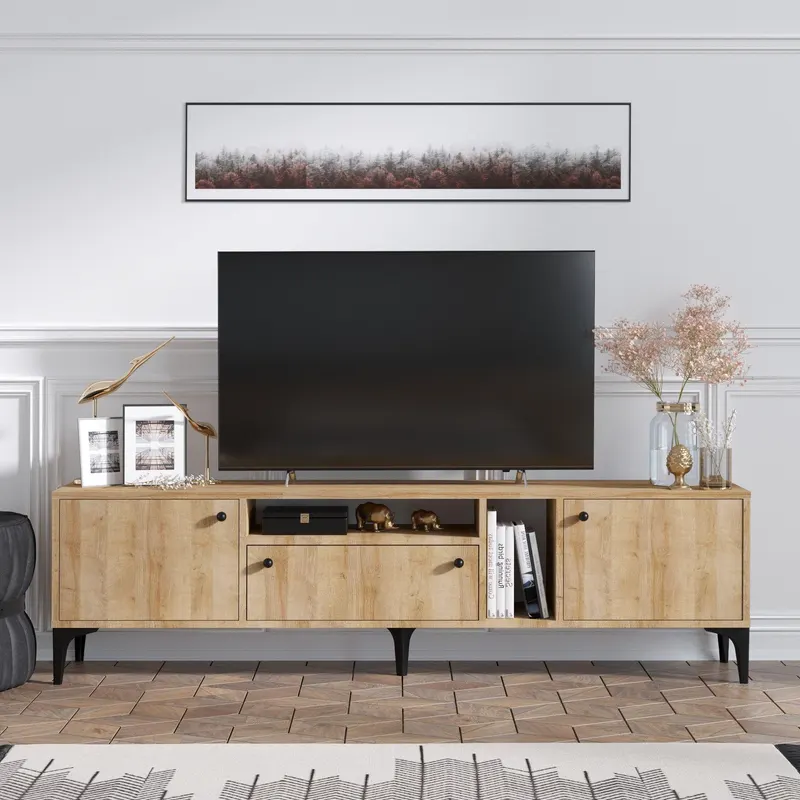 Comoda Tv Watcher cu 3 usi si rafturi, Stejar, 180 x 52 x 35 cm - Stejar