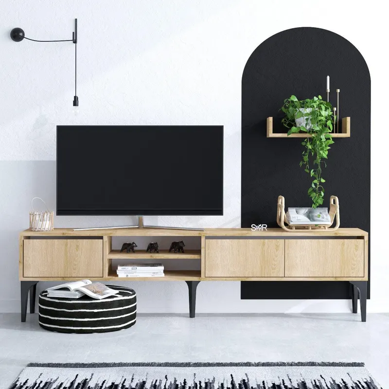 Comoda TV Titan cu 3 usi si rafturi , picior inalt, Stejar, 180 x 50 x 30 cm - Stejar