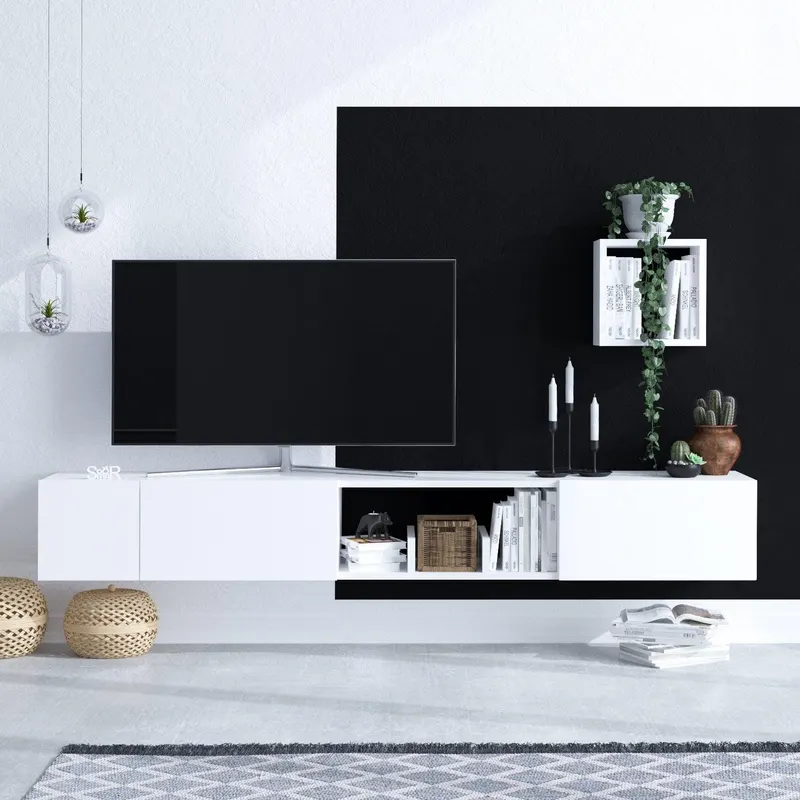 Comoda TV Pandora cu 2 usi si rafturi, Alb, 180x30x25 cm - Alb