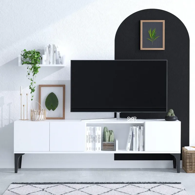 Comoda TV Suble cu 3 usi si rafturi, Alb, 150 x 47 x 35 cm - Alb
