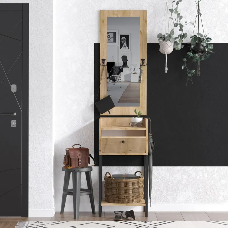 Pantofar cu Cuier Olivia cu Sertar si Oglinda,  40x30x90 cm - Nuc