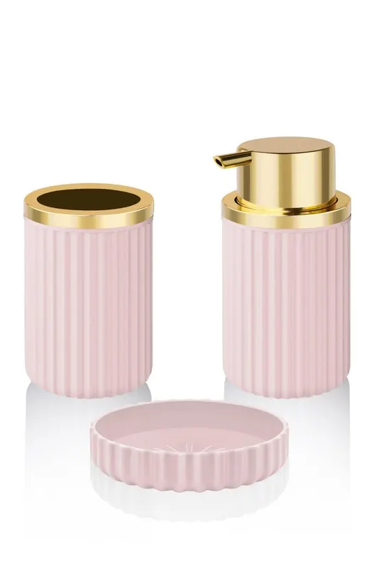 Set de baie Gold, Dozator de sapun, Suport de periuta de dinti, Sapuniera - Roz