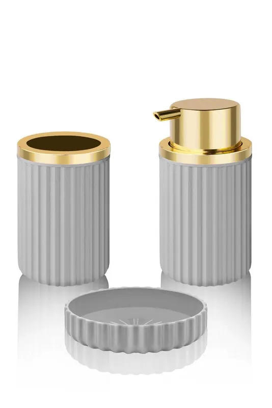 Set de baie Gold, Dozator de sapun, Suport de periuta de dinti, Sapuniera - Gri