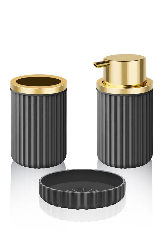Set de baie Gold, Dozator de sapun, Suport de periuta de dinti, Sapuniera - Negru