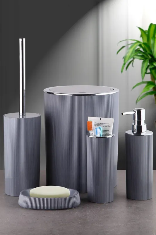 Set de baie Nar, Dozator de sapun, Perie, Suport de periuta de dinti, Sapuniera, Coș de Gunoi - Gri