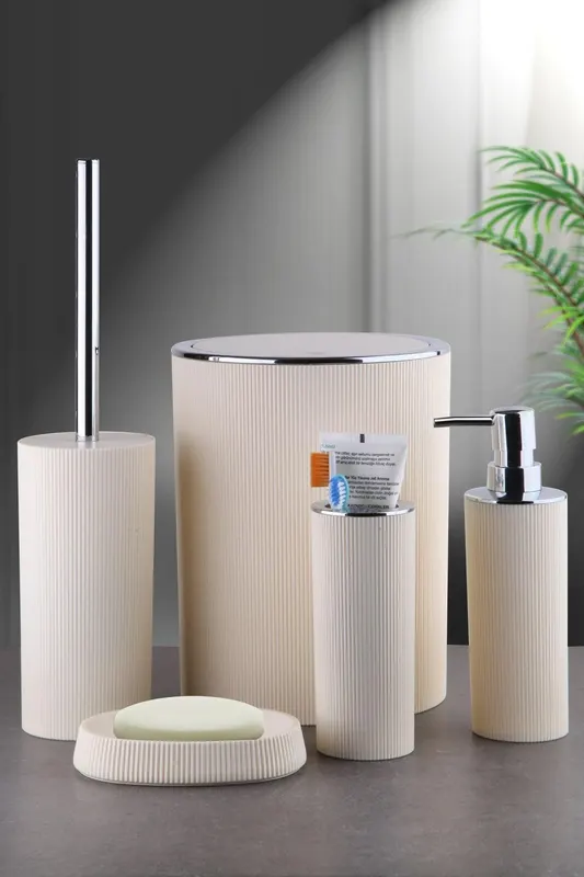 Set de baie Nar, Dozator de sapun, Perie, Suport de periuta de dinti, Sapuniera, Coș de Gunoi - Crem