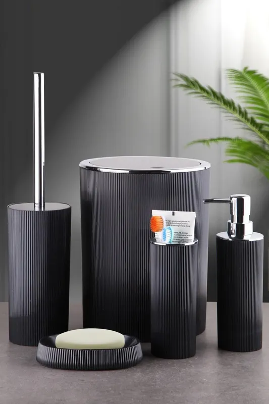 Set de baie Nar, Dozator de sapun, Perie, Suport de periuta de dinti, Sapuniera, Coș de Gunoi - Negru