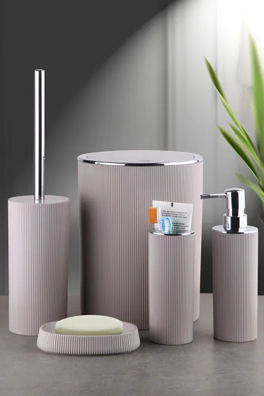 Set de baie Nar, Dozator de sapun, Perie, Suport de periuta de dinti, Sapuniera, Coș de Gunoi - Bej