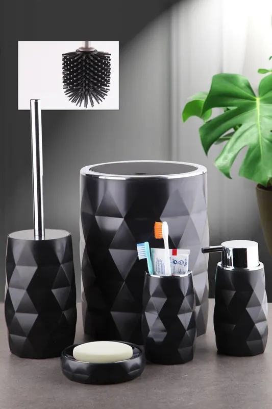 Set de baie KAR, Dozator de sapun, Perie, Suport de periuta de dinti, Sapuniera, Coș de Gunoi - Negru