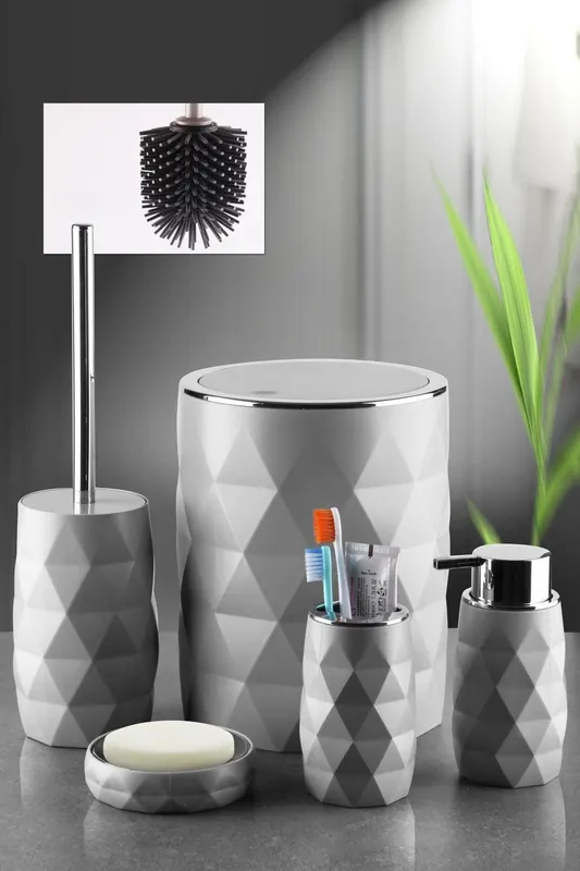 Set de baie KAR, Dozator de sapun, Perie, Suport de periuta de dinti, Sapuniera, Coș de Gunoi - Gri
