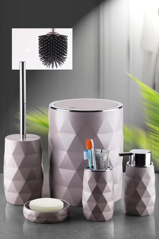 Set de baie KAR, Dozator de sapun, Perie, Suport de periuta de dinti, Sapuniera, Coș de Gunoi - Bej