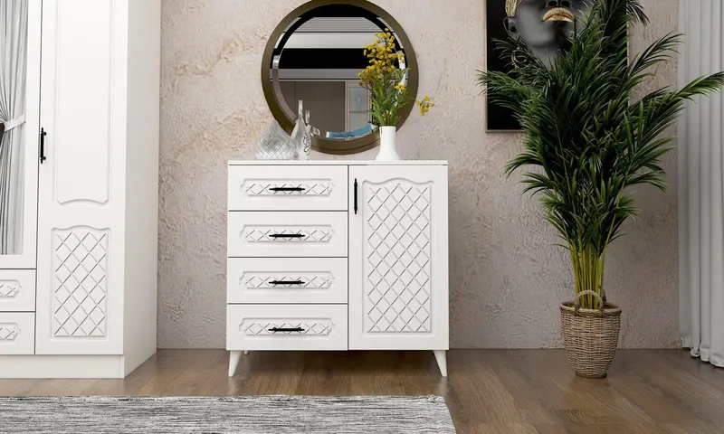 Comoda Queen cu 4 Sertare si Usa (diverse dimensiuni) - Alb