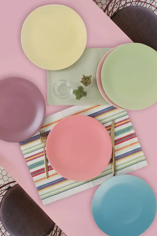 Set 6 Farfurii Uni Pastel, Ceramica , Multicolor, 25 cm - Multicolor
