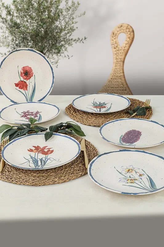 Set 6 Farfurii Bouquet, Ceramica , Alb Mat, 25 cm - Multicolor