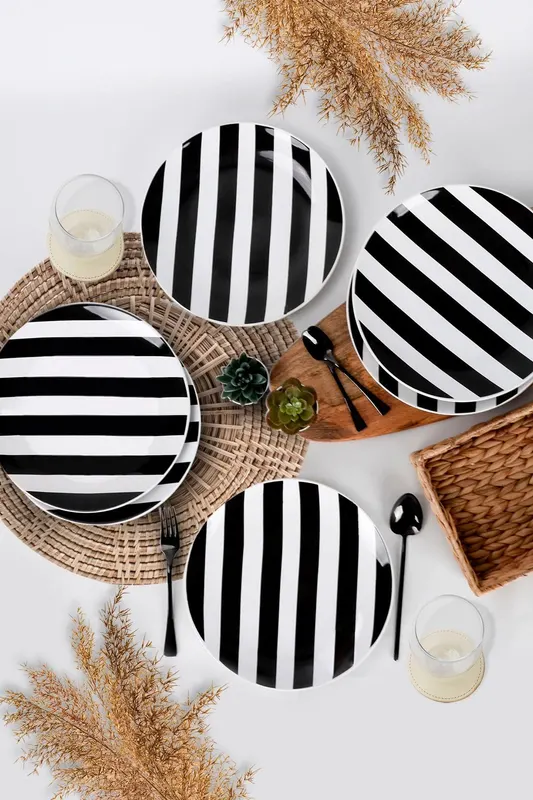 Set 6 Farfurii Stripe, Ceramica, Alb Negru, 27 cm - Negru