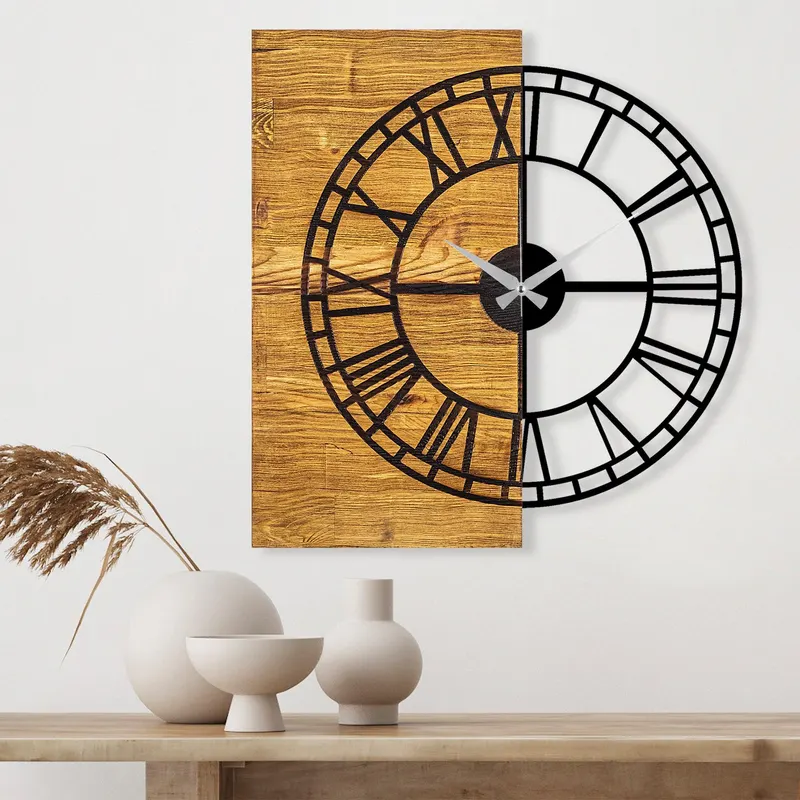 Ceas de perete decorativ din lemn Wooden Clock 10, Nuc, 3x58x55 cm - Nuc