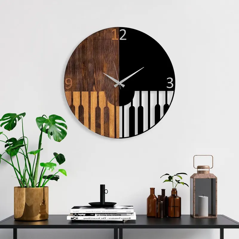 Ceas de perete decorativ din lemn Piano, Nuc, 3x56x56 cm - Nuc