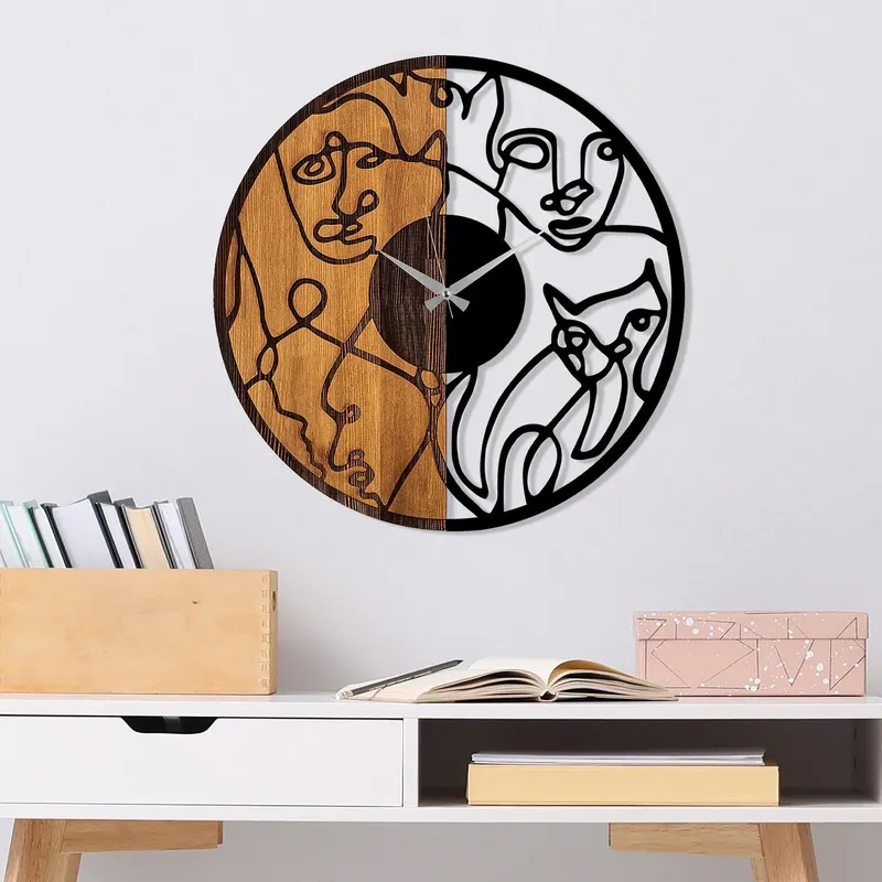 Ceas de perete decorativ din lemn Wooden Clock - 81, Nuc, 56 x 3 x 56 cm - Nuc