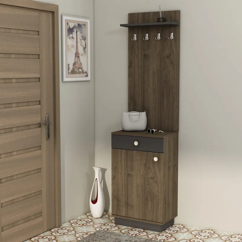 Cuier cu pantofar Levan cu usa si sertar, 50 x 188 x 32 cm - Nuc