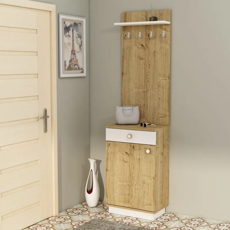 Cuier cu pantofar Levan cu usa si sertar, 50 x 188 x 32 cm - Stejar