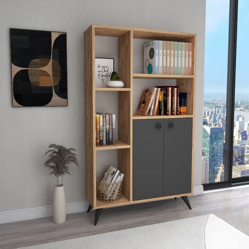 Biblioteca Meldan Stil Scandinav cu 7 Rafturi si 2 Usi, 80x25x135.6 cm - Antracit