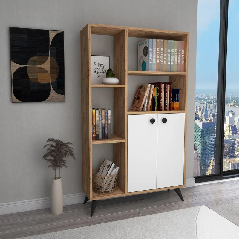 Biblioteca Meldan Stil Scandinav cu 7 Rafturi si 2 Usi, 80x25x135.6 cm - Natur