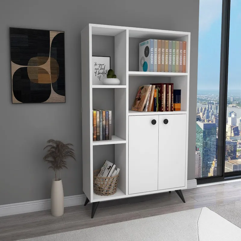 Biblioteca Meldan Stil Scandinav cu 7 Rafturi si 2 Usi, 80x25x135.6 cm - Alb