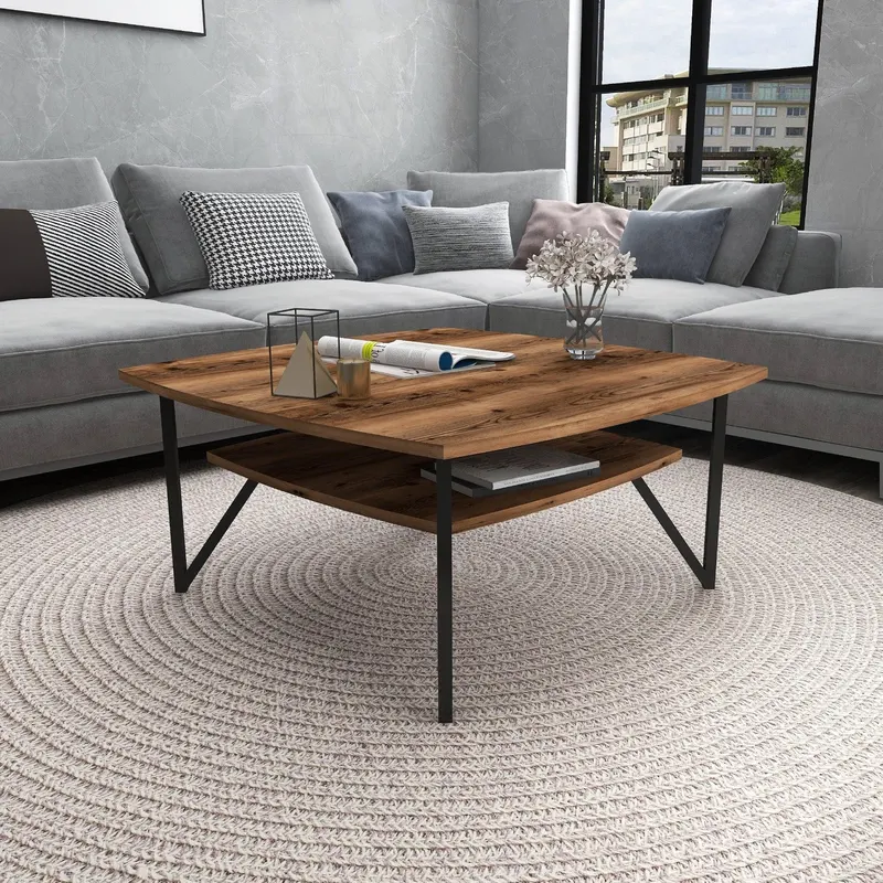 Masuta de cafea Asens Sufragerie cadru Metalic, 90 x 42 x 90 cm - Nuc