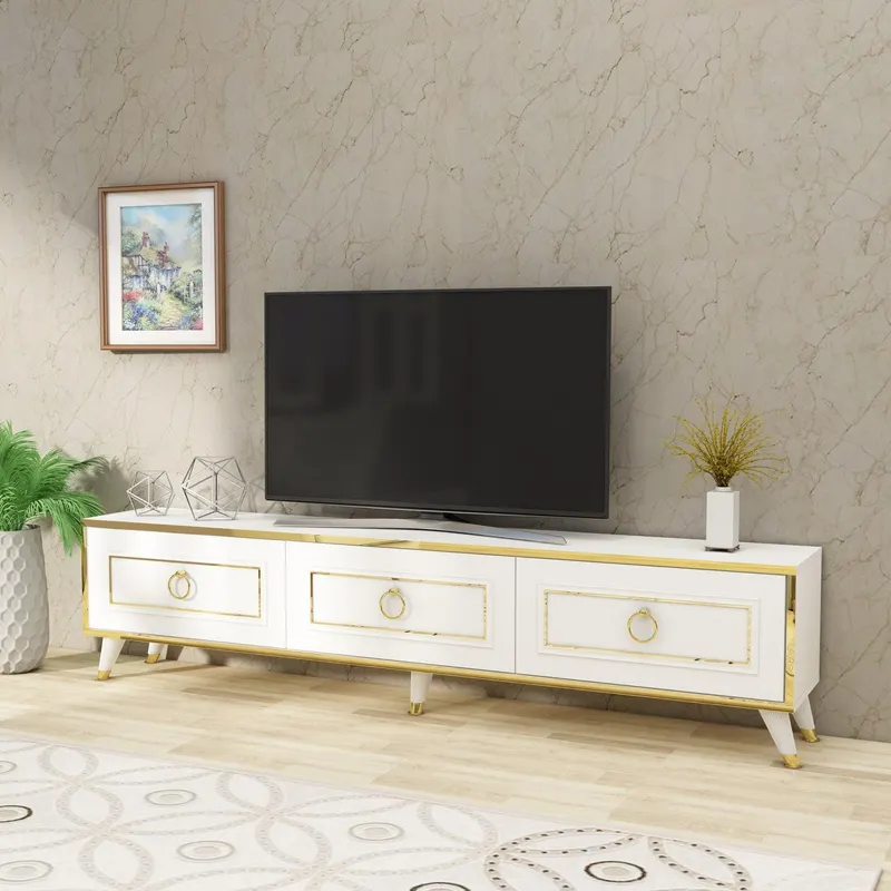 Comoda Tv Sona Scandinav, 3 compartimente, Aur Negru Alb 180 x 45 x 30 cm - Alb