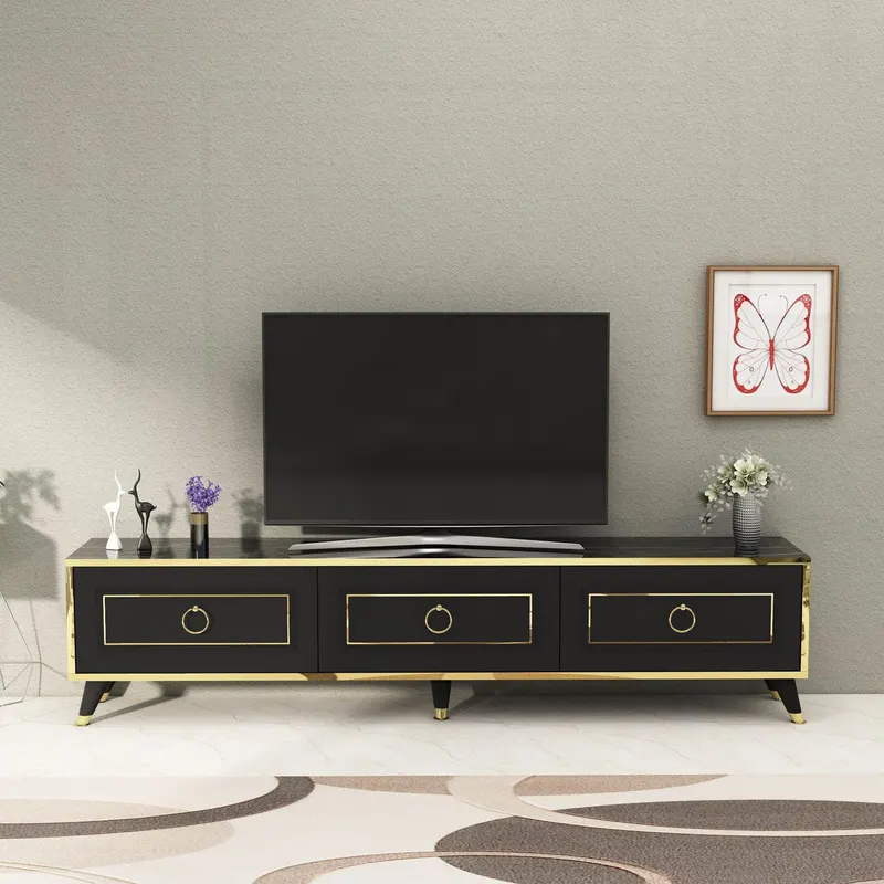 Comoda Tv Sona Scandinav, 3 compartimente, Aur Negru Alb 180 x 45 x 30 cm - Negru