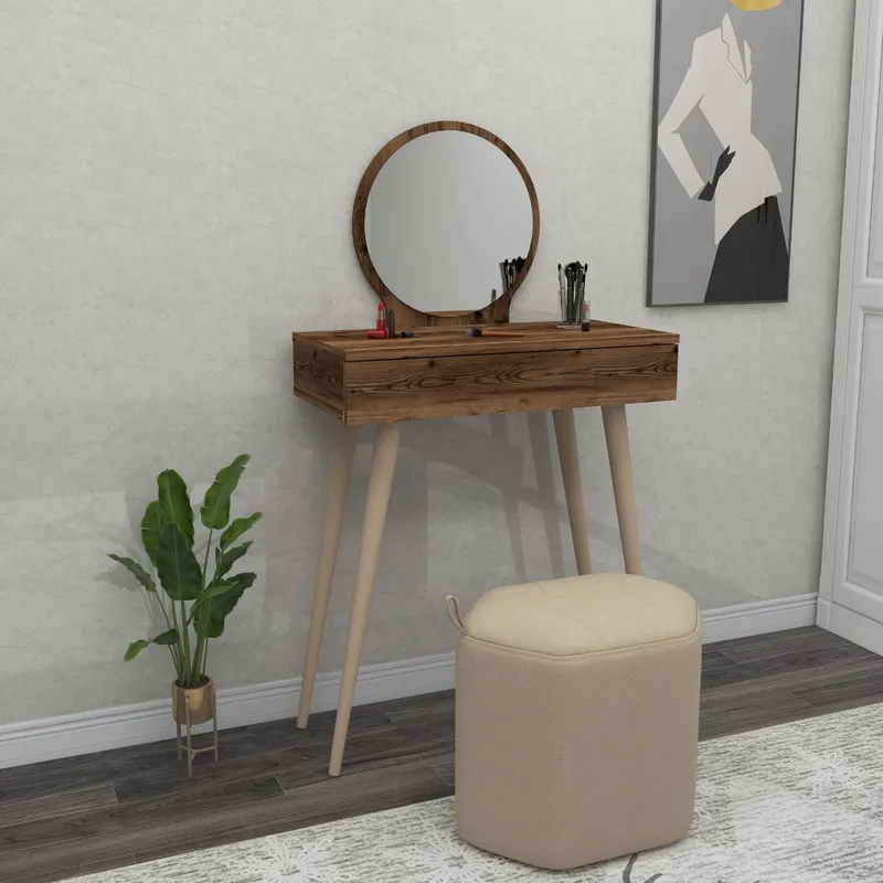 Masa de machiaj Elegant Siena cu Sertar si cu Oglinda, 72 x 130 x 35 cm - Maro
