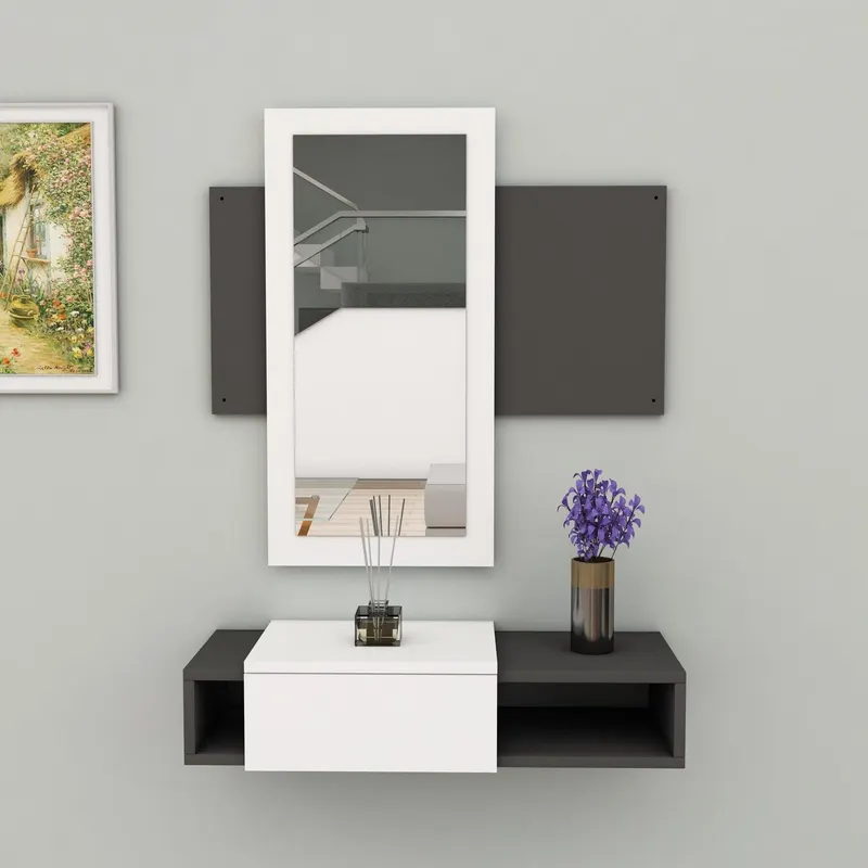 Bufet Eliza Hol cu Oglinda si Sertar, 80 x 18 x 30 cm - Antracit