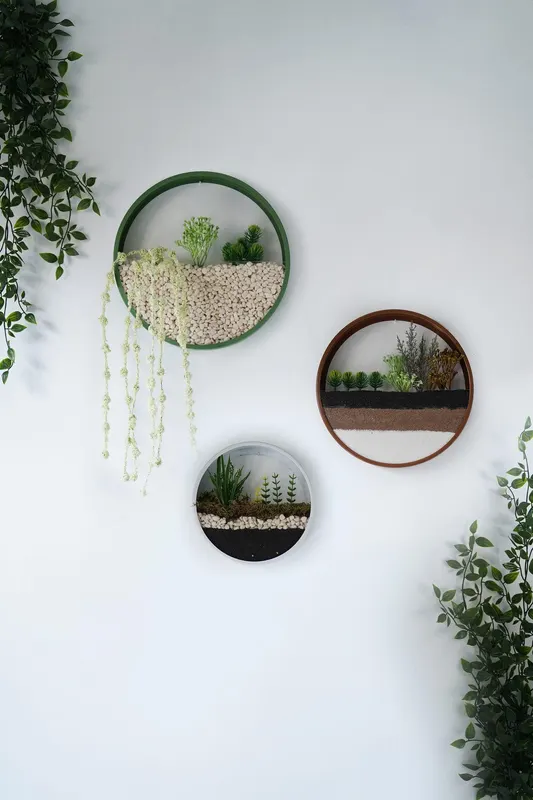 Decoratiune de perete Metal Green Panda, Verde - Maro - Alb, 30x5x30 cm, 3 bucati - Verde