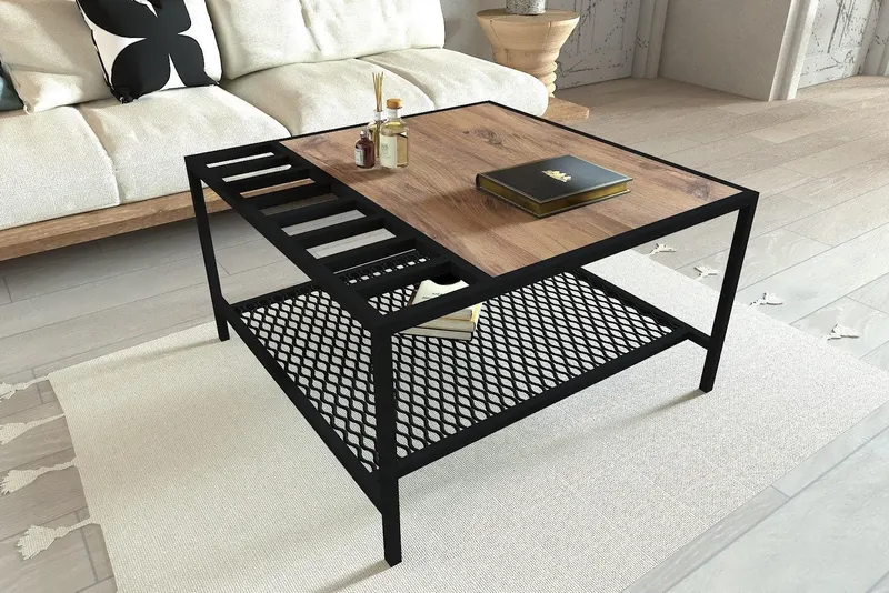 Masuta De Cafea Gomis Cadru Metal, Stejar, 80 X 45 X 80 Cm - Stejar