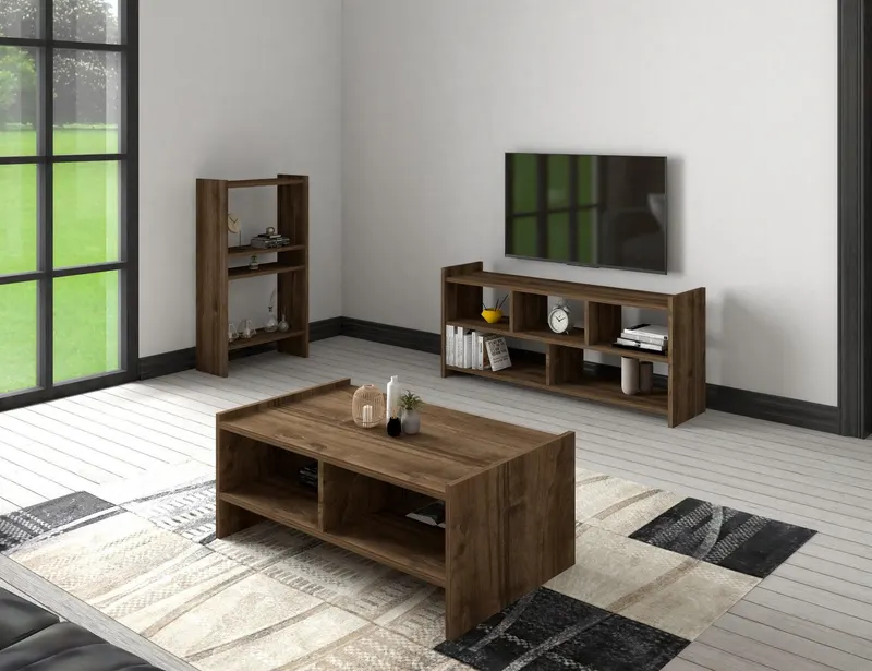 Set Mobila Sufragerie Pera, Comoda Tv - Biblioteca - Masuta de Cafea - Nuc