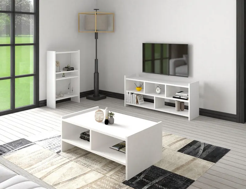 Set Mobila Sufragerie Pera, Comoda Tv - Biblioteca - Masuta de Cafea - Alb