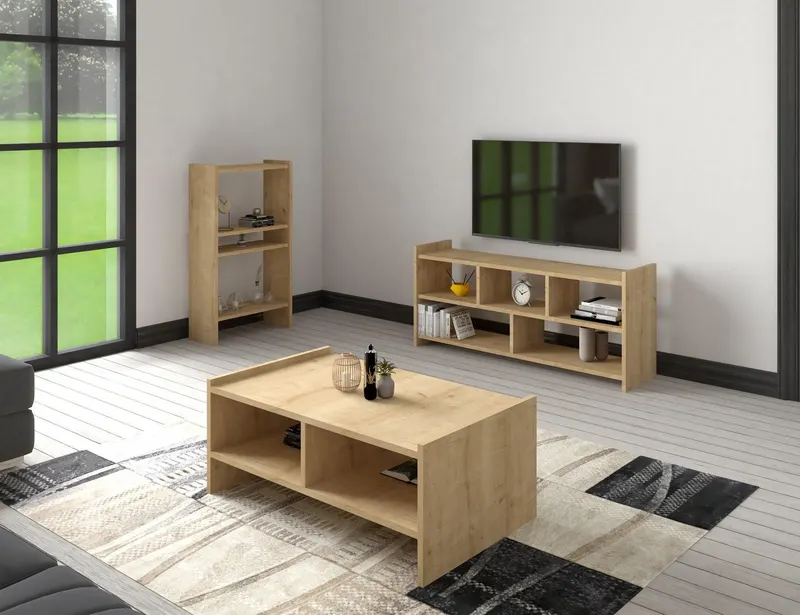 Set Mobila Sufragerie Pera, Comoda Tv - Biblioteca - Masuta de Cafea - Stejar