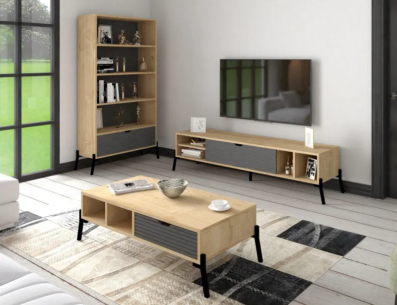 Set Mobila Sufragerie Popi,  3 piese, Comoda Tv - Biblioteca - Masuta de Cafea - arsiv7