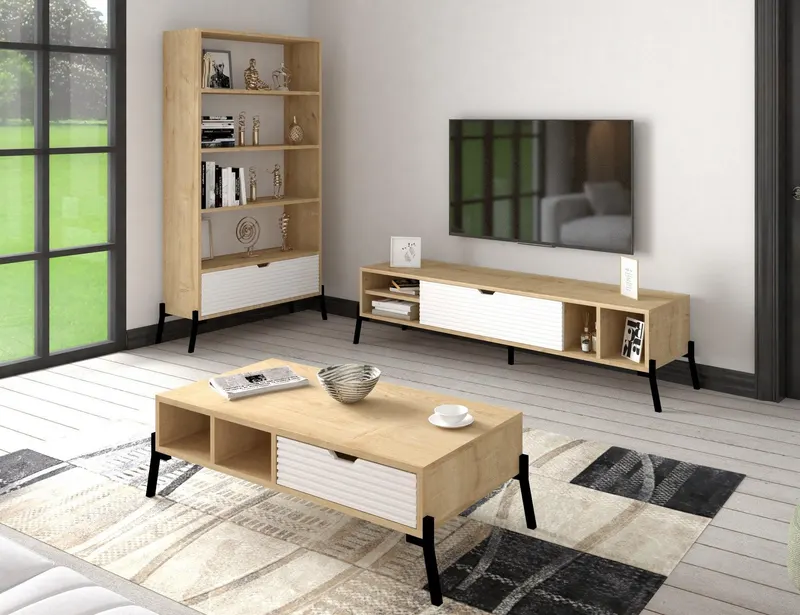 Set Mobila Sufragerie Popi,  3 piese, Comoda Tv - Biblioteca - Masuta de Cafea - arsiv8