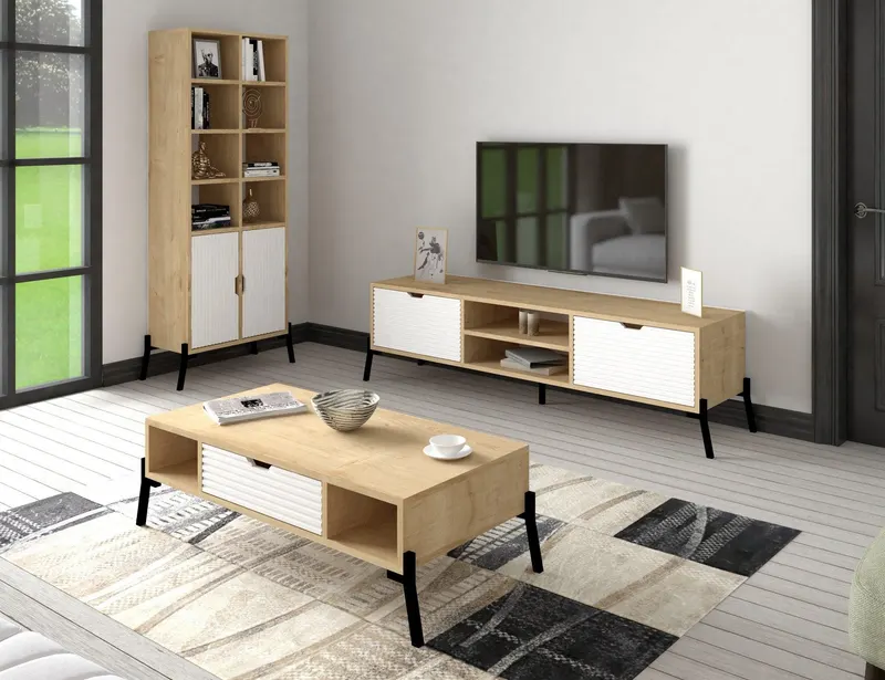 Set Mobila Sufragerie Siena, Stejar, 3 piese, Comoda Tv - Biblioteca - Masuta de Cafea - Stejar