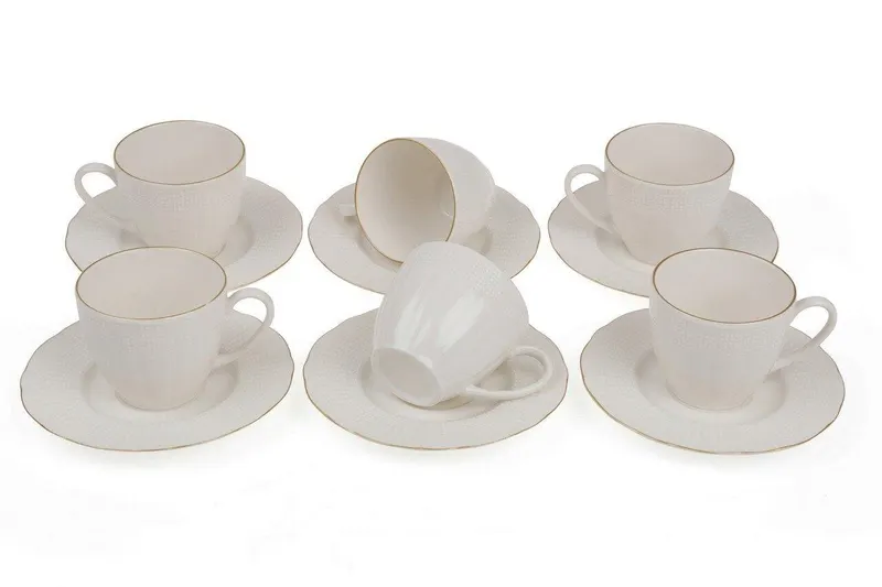 Set 6 cesti + 6 farfurii, 200 ml, Portelan, Alb - Auriu - Alb