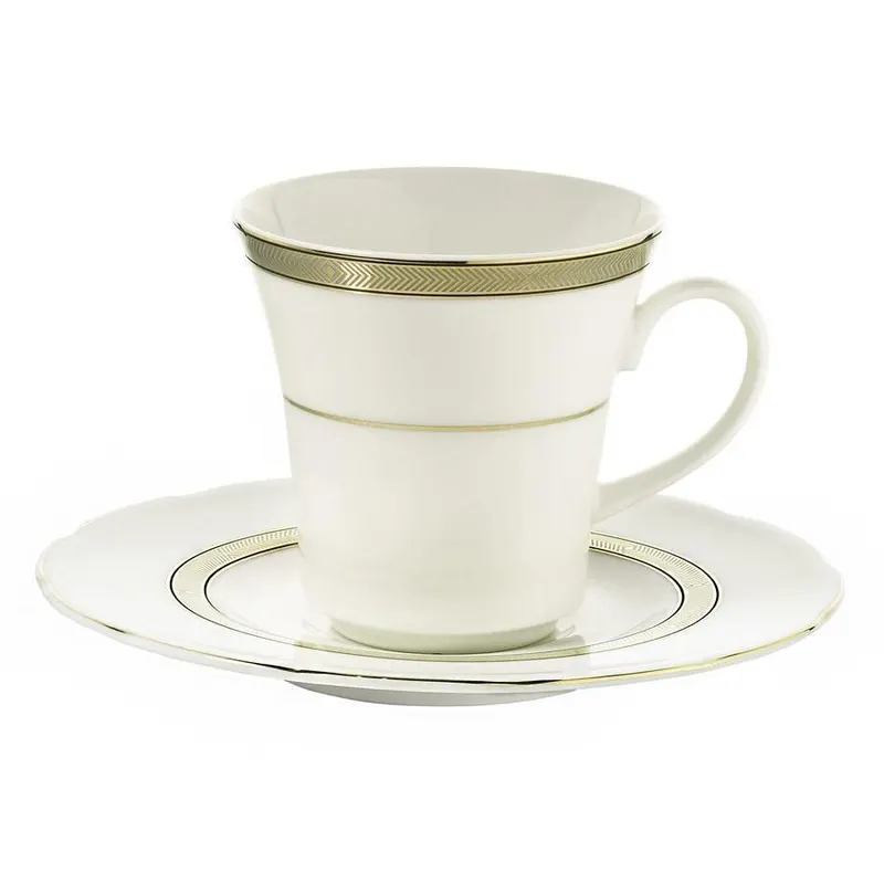 Set 6 cesti + 6 farfurii, 80 ml, Portelan, Alb - Auriu - Alb