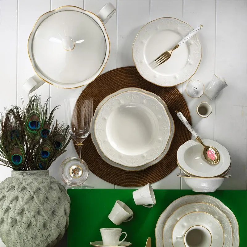 Serviciu de masa, 83 piese,  Portelan, Crem - Auriu - Crem