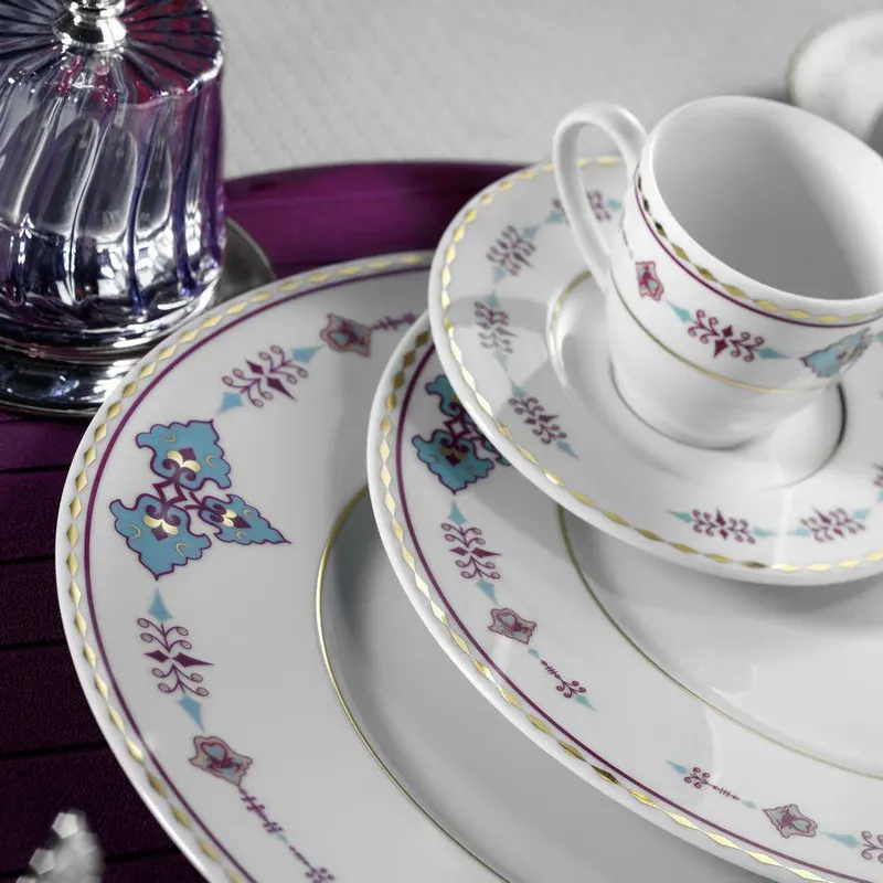 Serviciu de masa, 83 piese,  Portelan, Alb - Mov - Multicolor